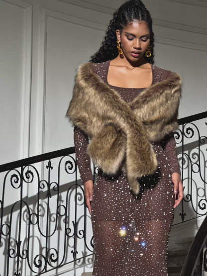 Bhullar Square Neck Rhinestone Maxi Dress