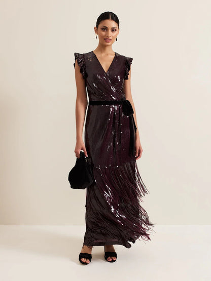 Red Chanai Sequin Wrap Maxi Dress