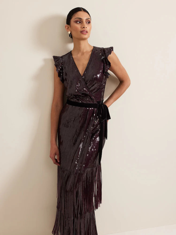 Red Chanai Sequin Wrap Maxi Dress