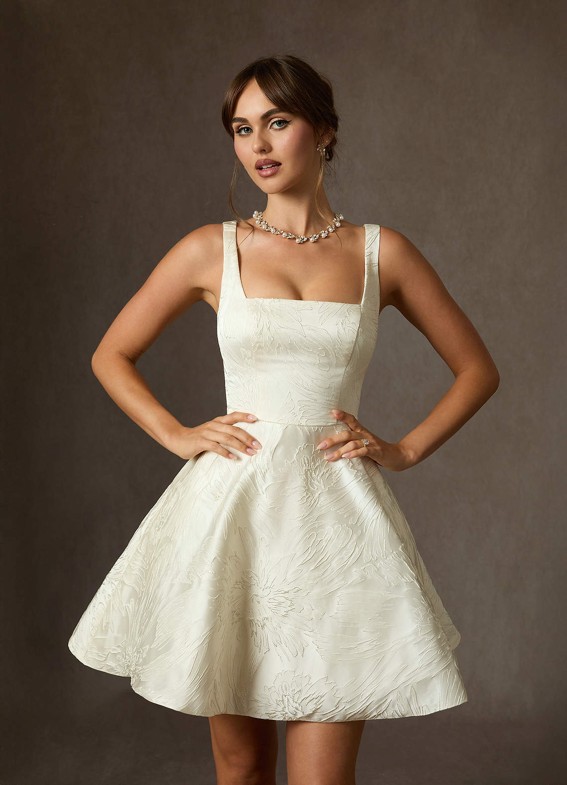 Diamond White A-Line with Pockets Floral Jacquard Dress