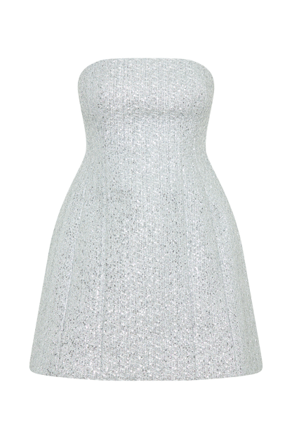 Gala Strapless Tweed Mini Dress - Silver