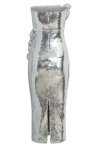 Cassia Strapless Sequin Rose Midi Dress - Silver