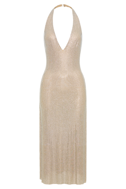 Genie Diamante Halter Midi Dress - Nude