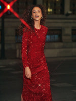 Ruby Red Long Sleeve Sequin Bow Back Midi Dress