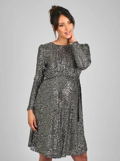 Maman Bébé Silver Sequin Shift High Neck Maternity Mini Dress
