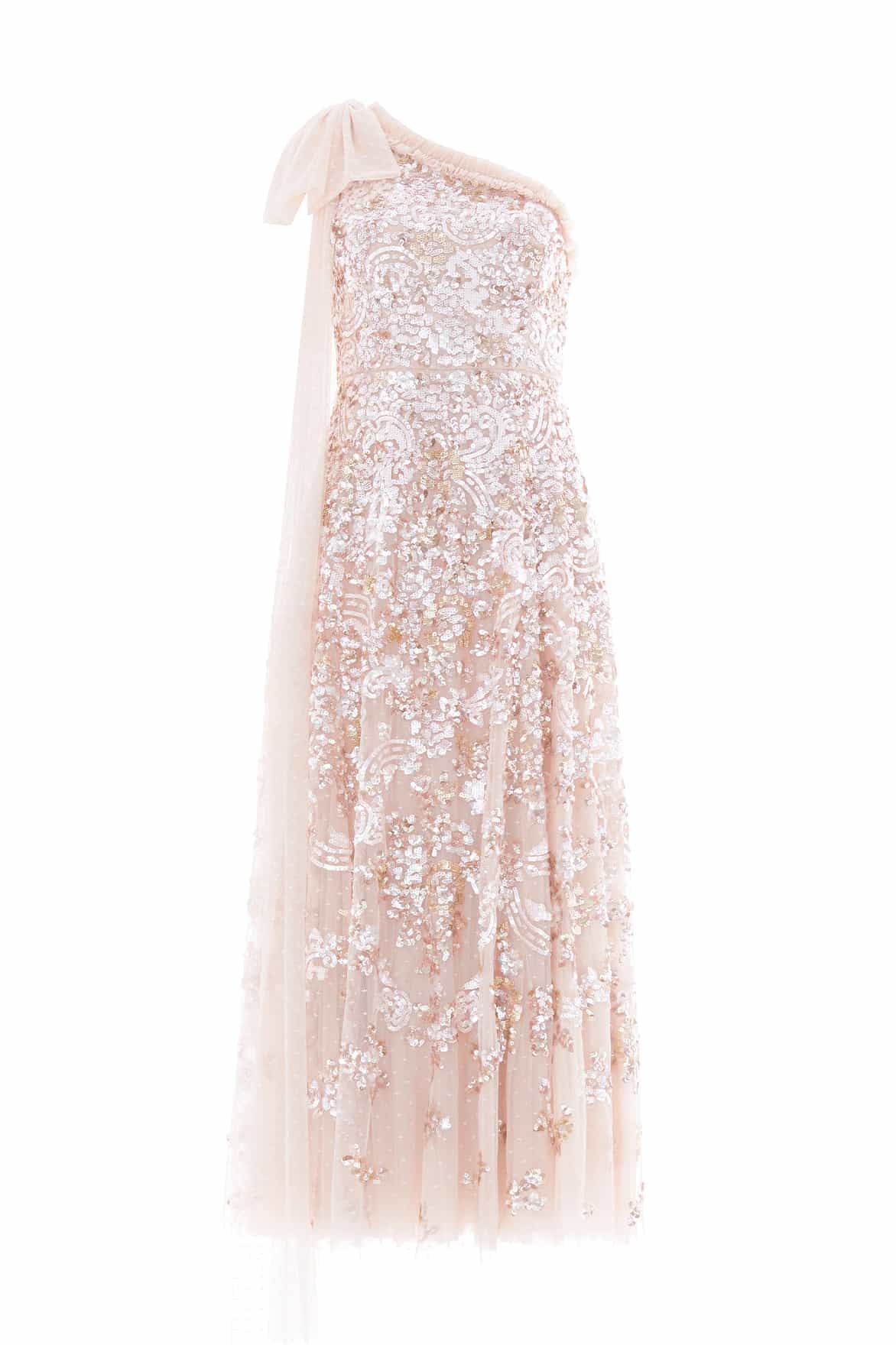 Baroque Floral One-Shoulder Bow Ankle Gown