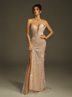 Brenthor Strapless Pearl Sequin Split Maxi Dress