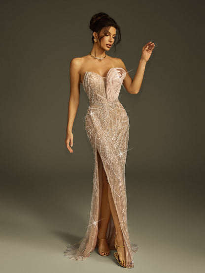 Brenthor Strapless Pearl Sequin Split Maxi Dress