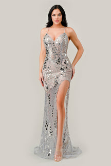Embellished Long Prom Dress with High Slit CC2292