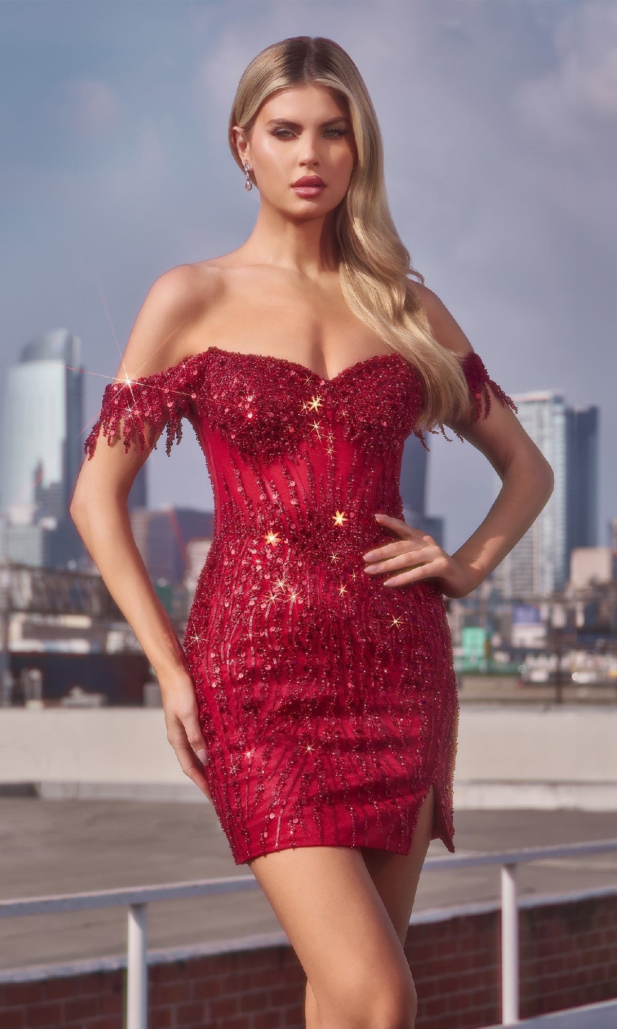 Off-Shoulder Short Sequin Prom Dress: Ladivine CC461