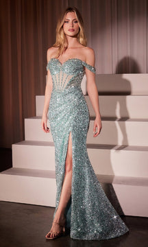 Off-Shoulder Long Sequin Prom Gown: Ladivine CM373