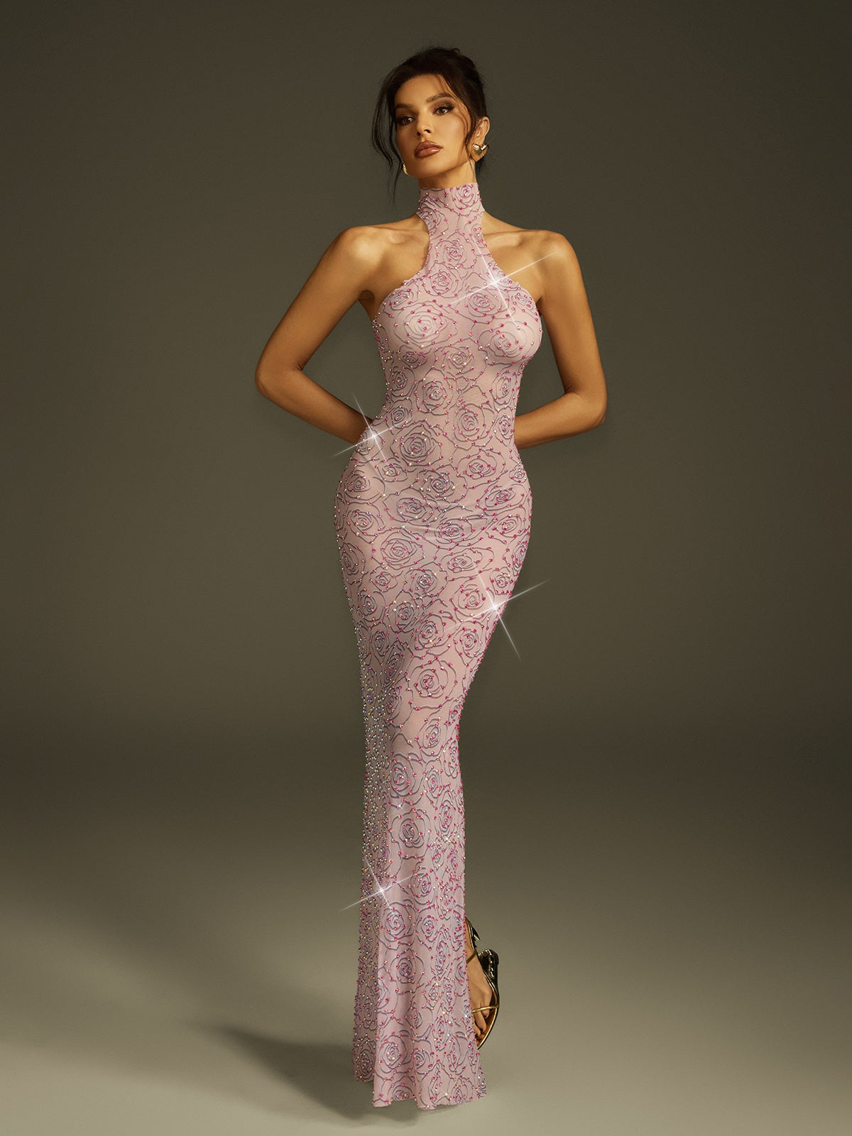 Corinthe High Neck Rhinestone Floral Split Maxi Dress