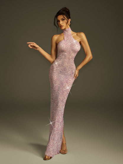 Corinthe High Neck Rhinestone Floral Split Maxi Dress