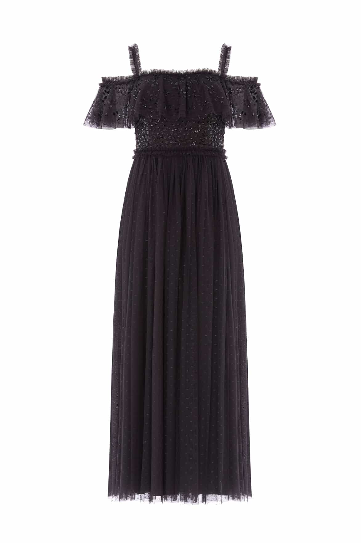 Dappled Sequin Bodice Off-Shoulder Ankle Gown