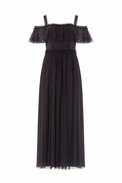 Dappled Sequin Bodice Off-Shoulder Ankle Gown