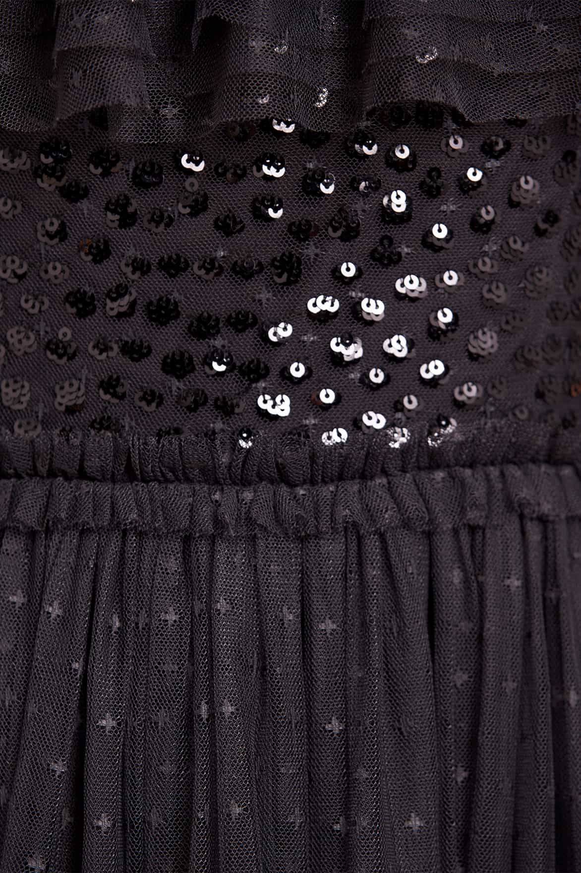 Dappled Sequin Bodice Off-Shoulder Ankle Gown