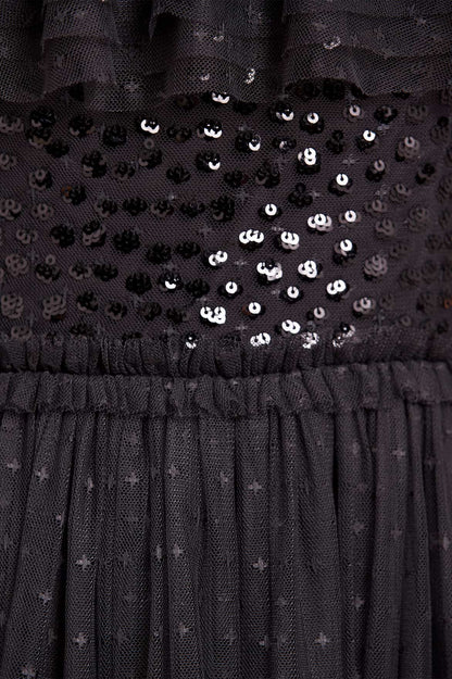 Dappled Sequin Bodice Off-Shoulder Ankle Gown