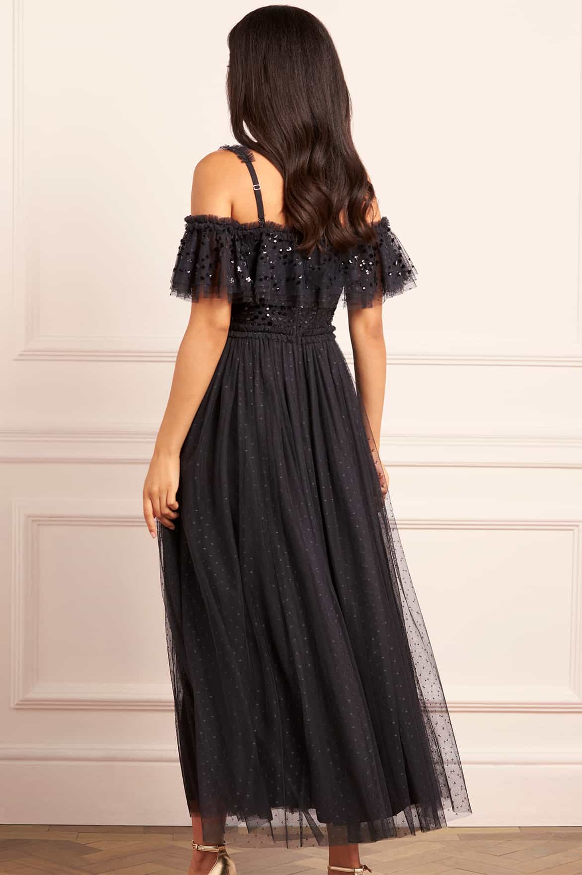 Dappled Sequin Bodice Off-Shoulder Ankle Gown
