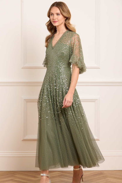 Dappled Sequin Cape Ankle Gown