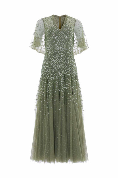 Dappled Sequin Cape Ankle Gown