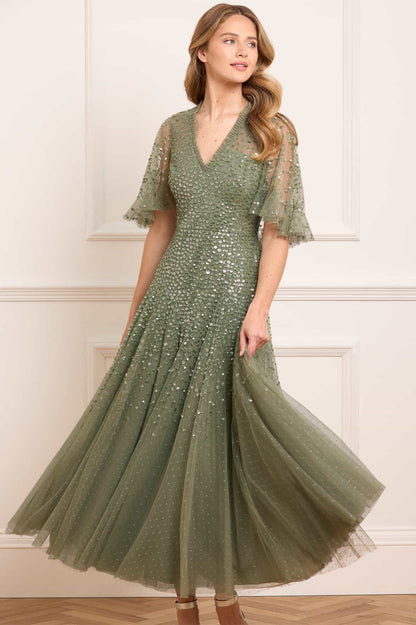 Dappled Sequin Cape Ankle Gown