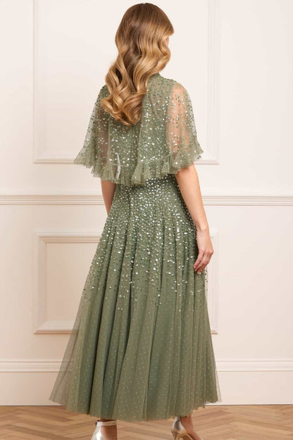 Dappled Sequin Cape Ankle Gown