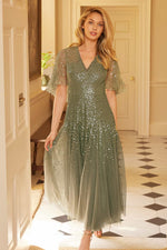 Dappled Sequin Cape Ankle Gown