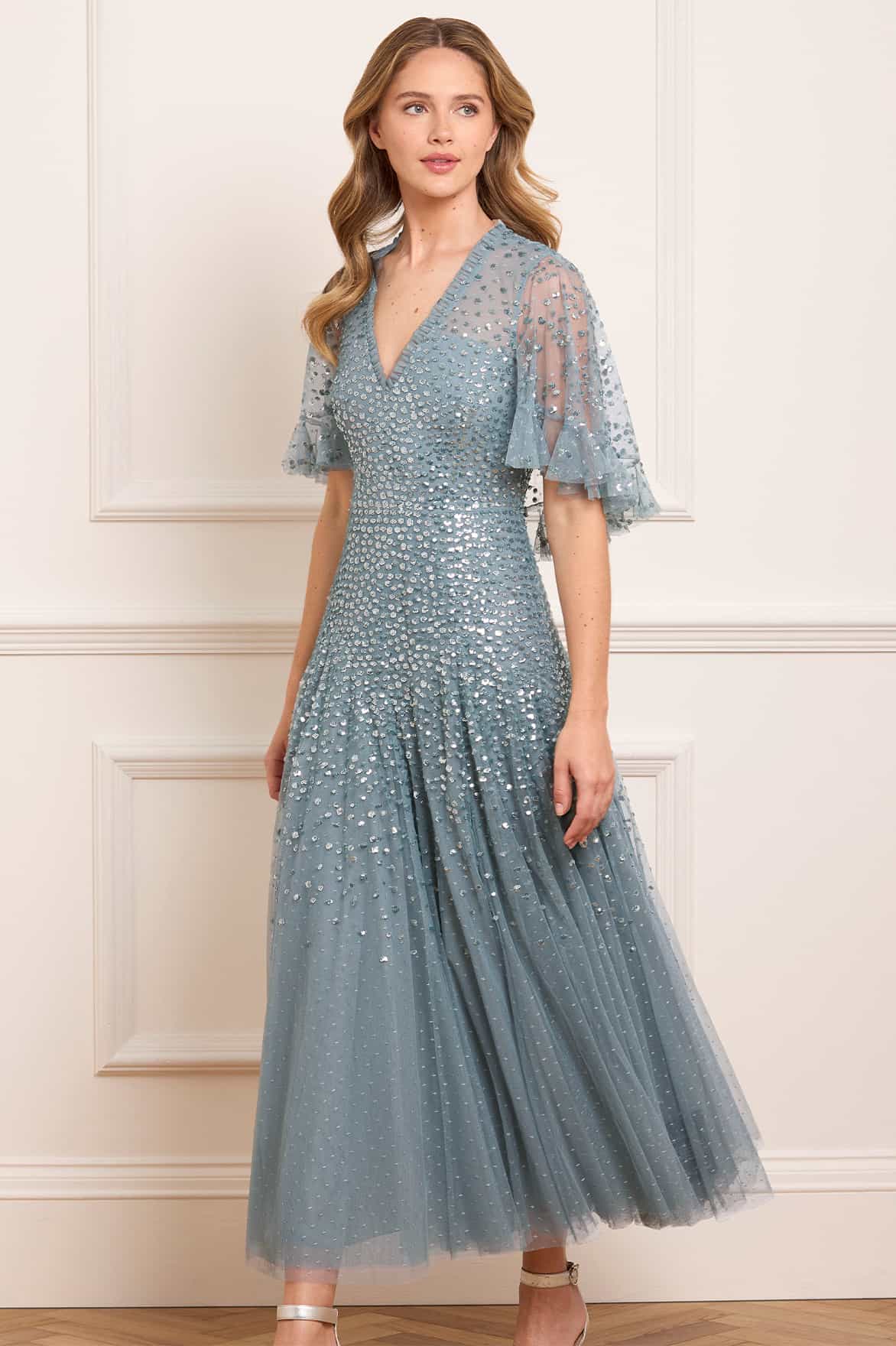 Dappled Sequin Cape Ankle Gown