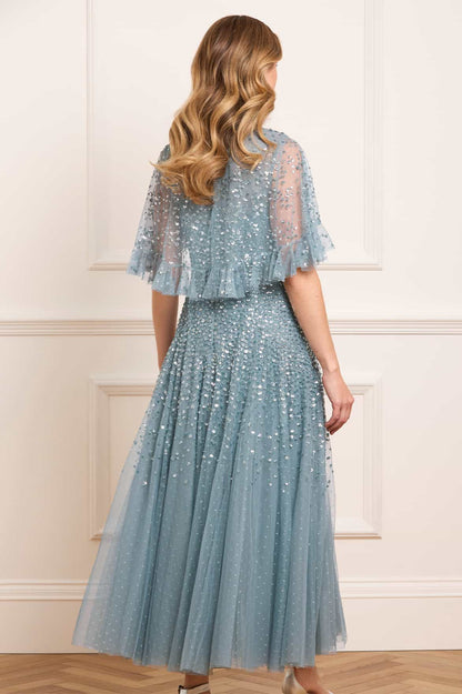 Dappled Sequin Cape Ankle Gown