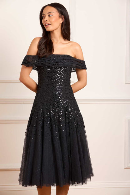 Dappled Sequin Draped Off-Shoulder Midaxi Dress