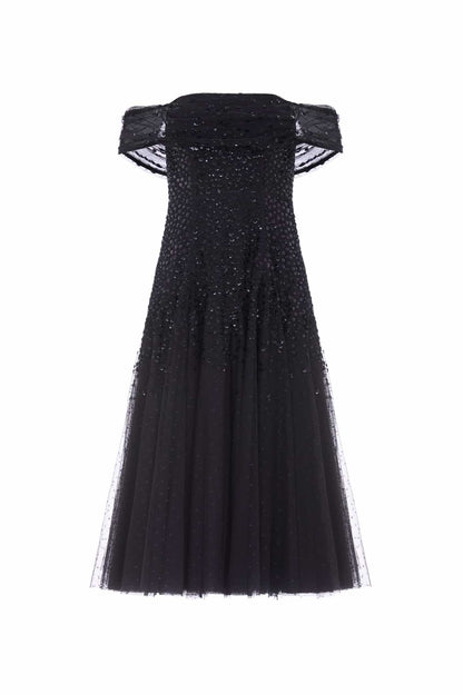 Dappled Sequin Draped Off-Shoulder Midaxi Dress