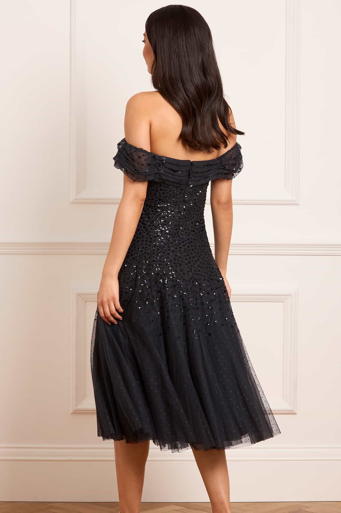 Dappled Sequin Draped Off-Shoulder Midaxi Dress