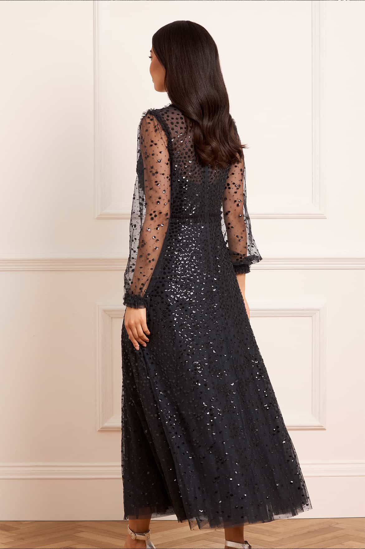 Dappled Sequin Long Sleeve Ankle Gown