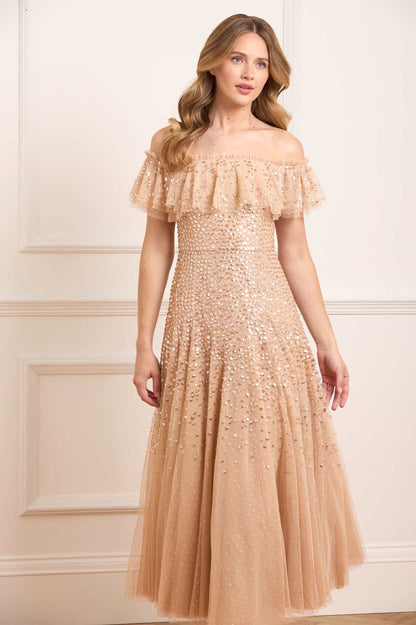 Dappled Sequin Off-Shoulder Ankle Gown