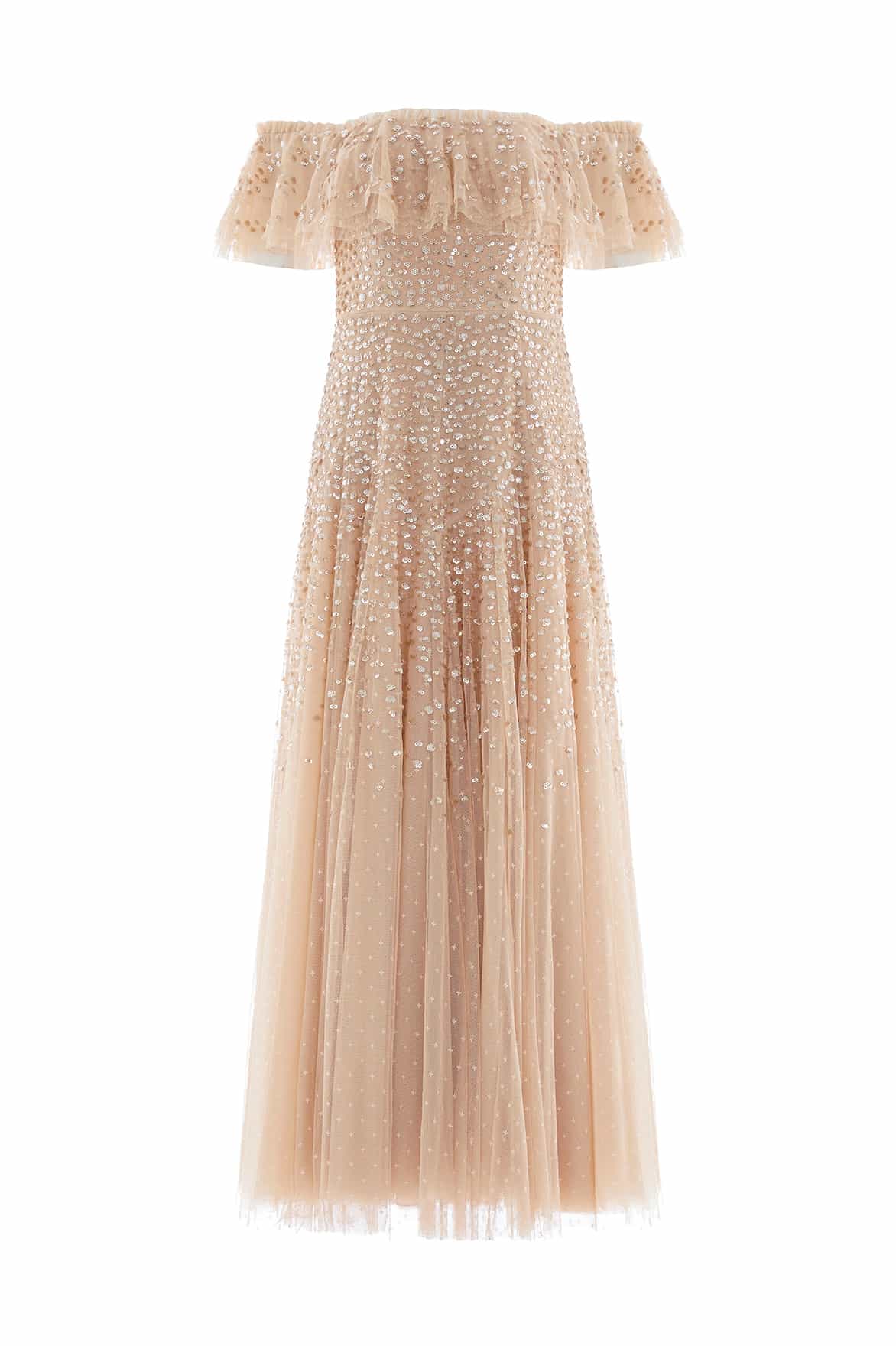 Dappled Sequin Off-Shoulder Ankle Gown