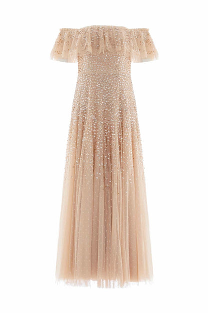 Dappled Sequin Off-Shoulder Ankle Gown