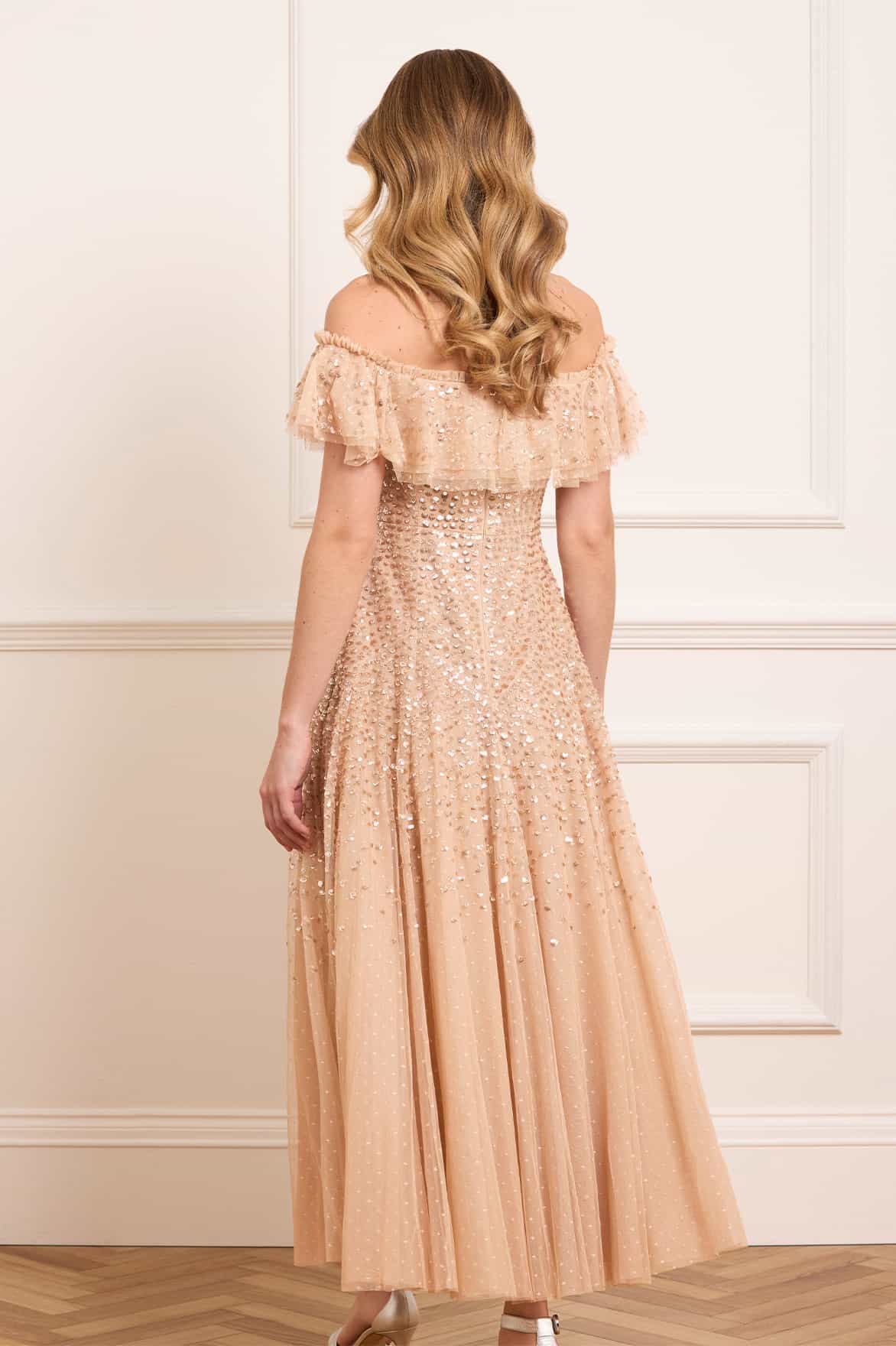Dappled Sequin Off-Shoulder Ankle Gown