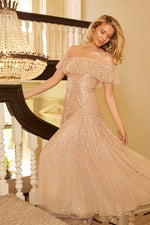 Dappled Sequin Off-Shoulder Ankle Gown