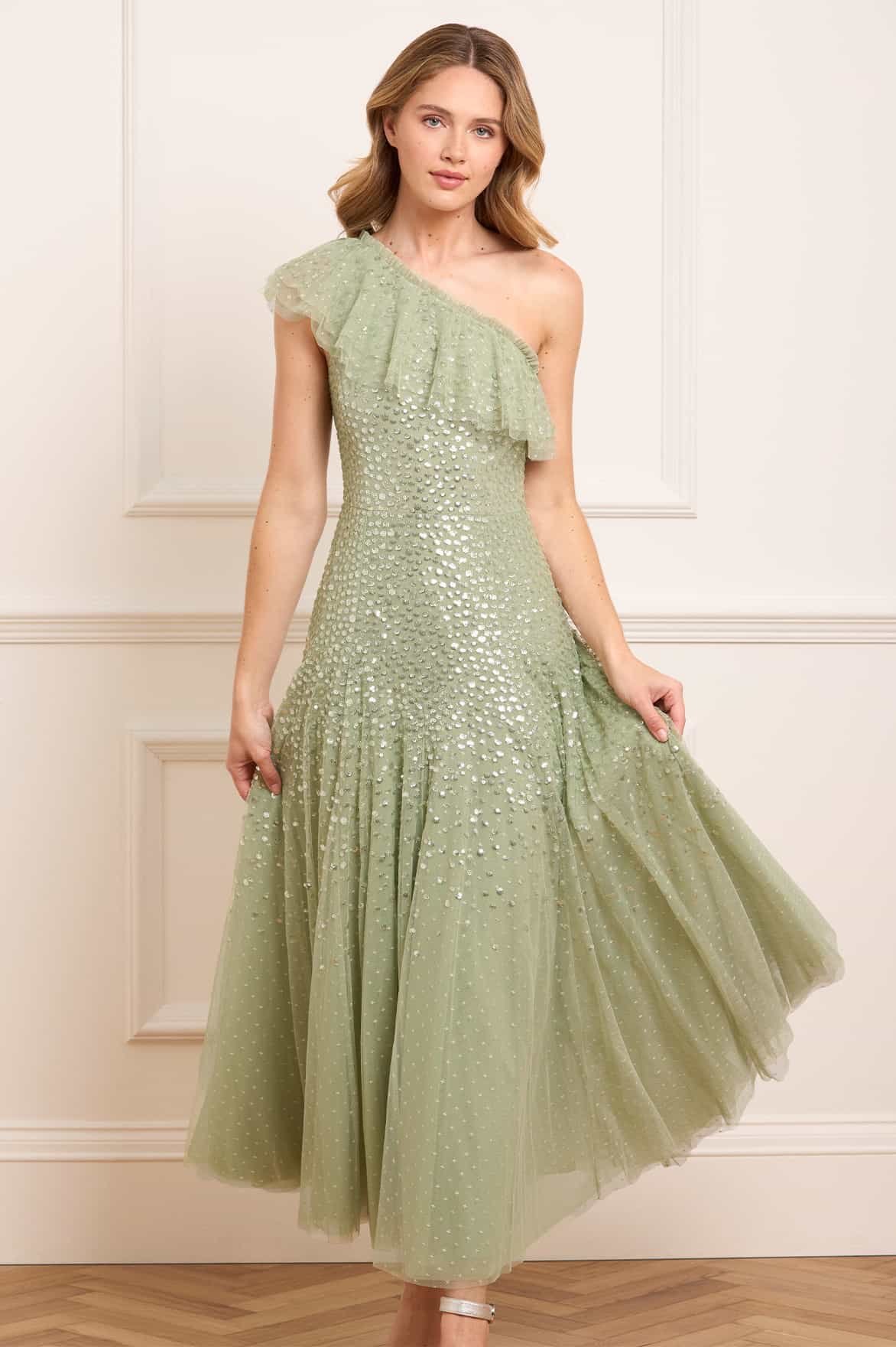 Dappled Sequin One-Shoulder Ankle Gown