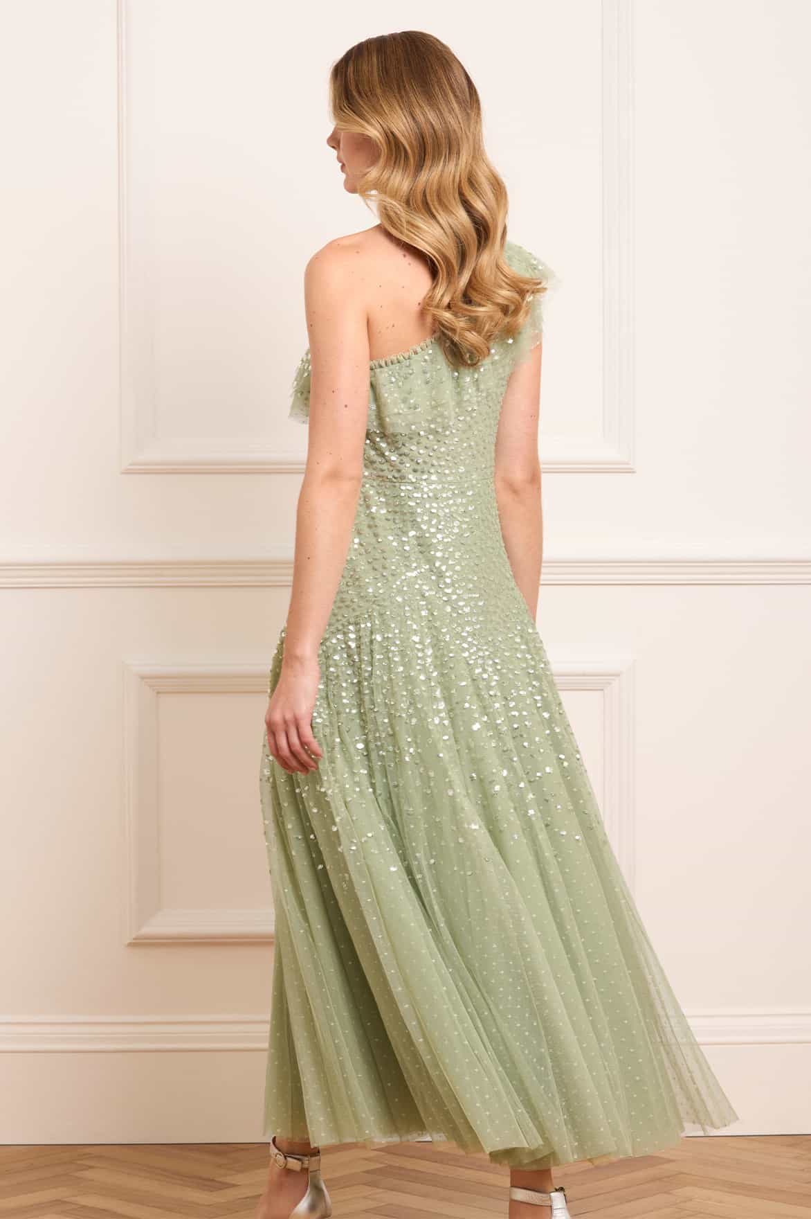 Dappled Sequin One-Shoulder Ankle Gown