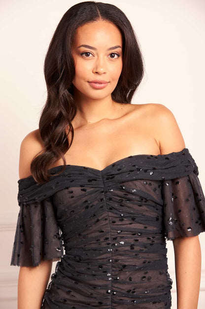 Dappled Sequin Rouched Off-Shoulder Gown