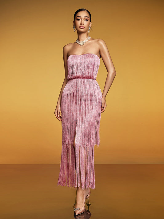 Eidolon Strapless Fringe Sequin Maxi Dress