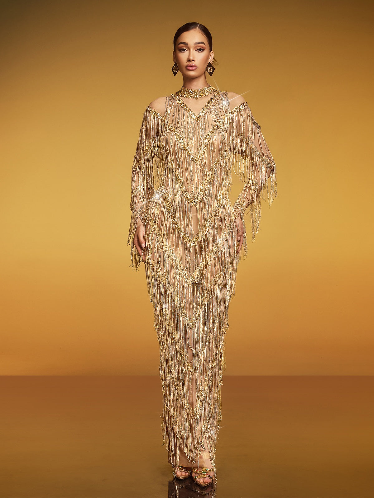 Emanon Fringe Sequin Maxi Dress