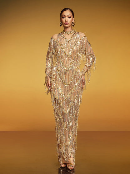 Emanon Fringe Sequin Maxi Dress
