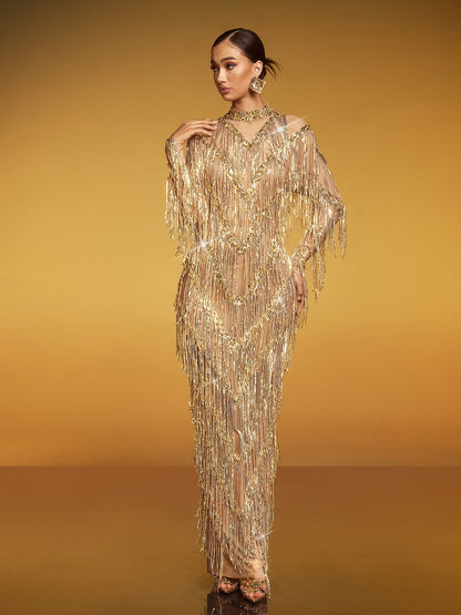 Emanon Fringe Sequin Maxi Dress