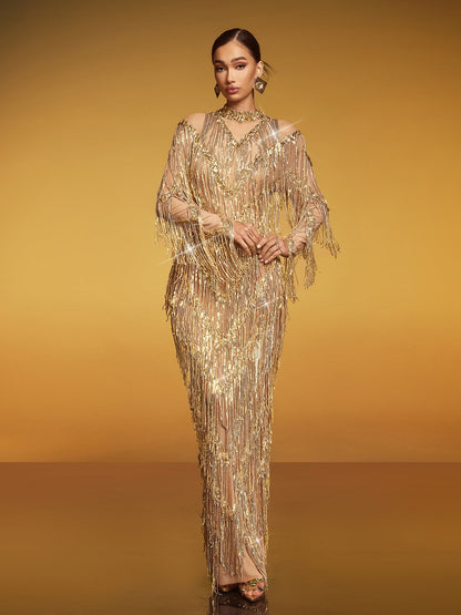 Emanon Fringe Sequin Maxi Dress
