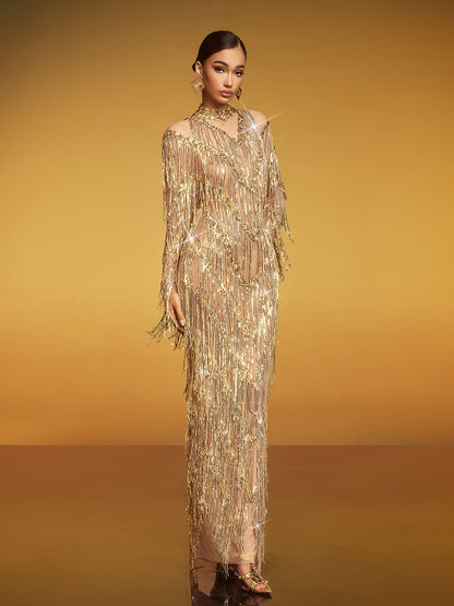 Emanon Fringe Sequin Maxi Dress