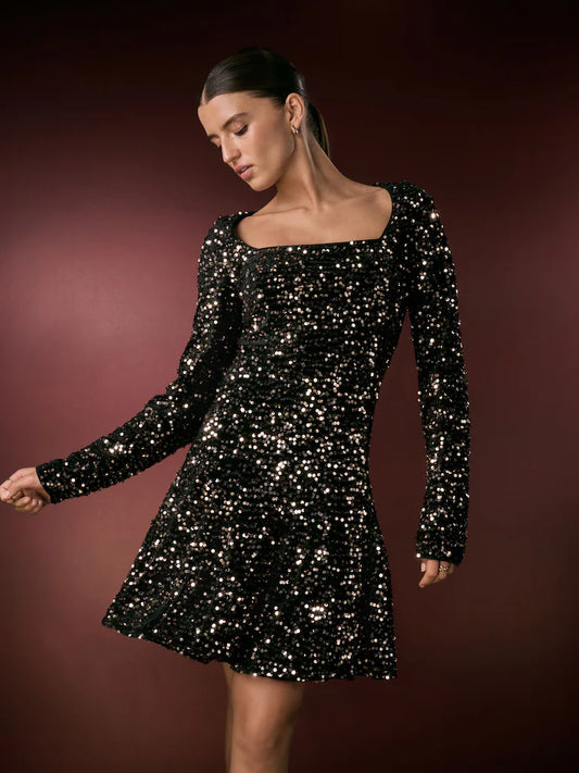 Bronze Square Neck Flippy Mini Sequin Dress
