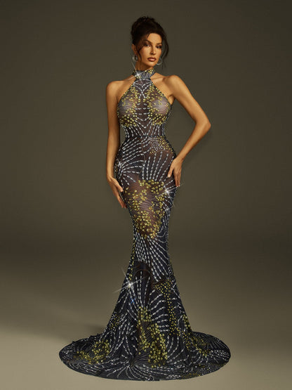 Fenris Crystal Mesh Mermaid  Maxi Dress