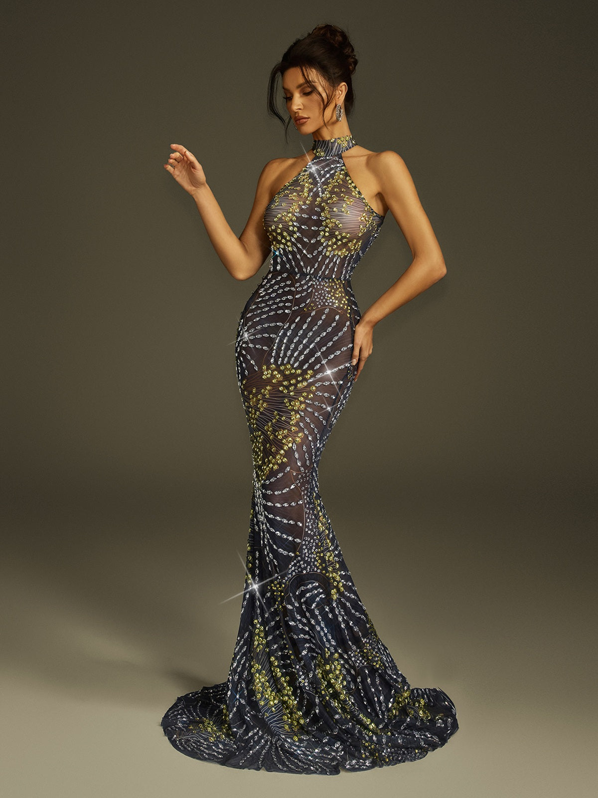 Fenris Crystal Mesh Mermaid  Maxi Dress